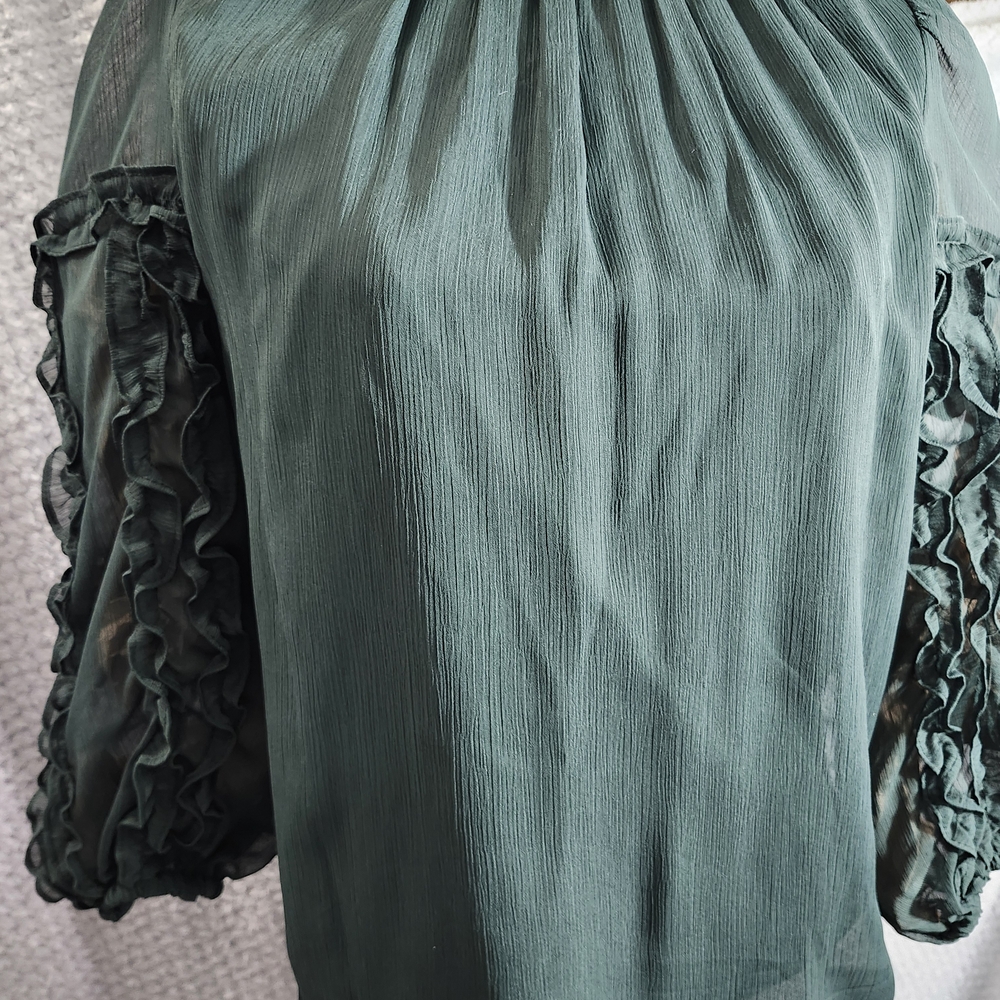 CeCe Beautful California Forest Green Blouse with Ruffle Detail